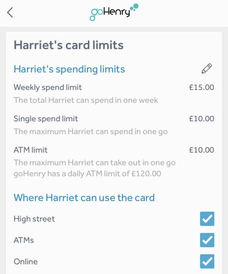 goHenry prepaid card for children - spending limits screen shot