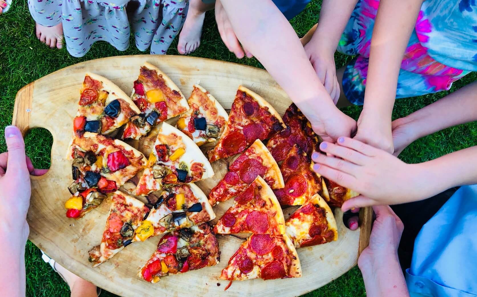 Chargrilled veg and chorizo pizzas